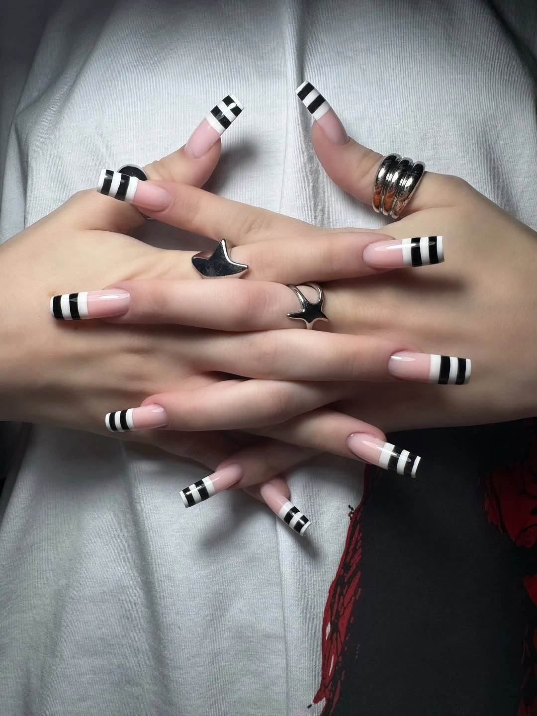 october nail colours 2026 Black and White Striped French Tips