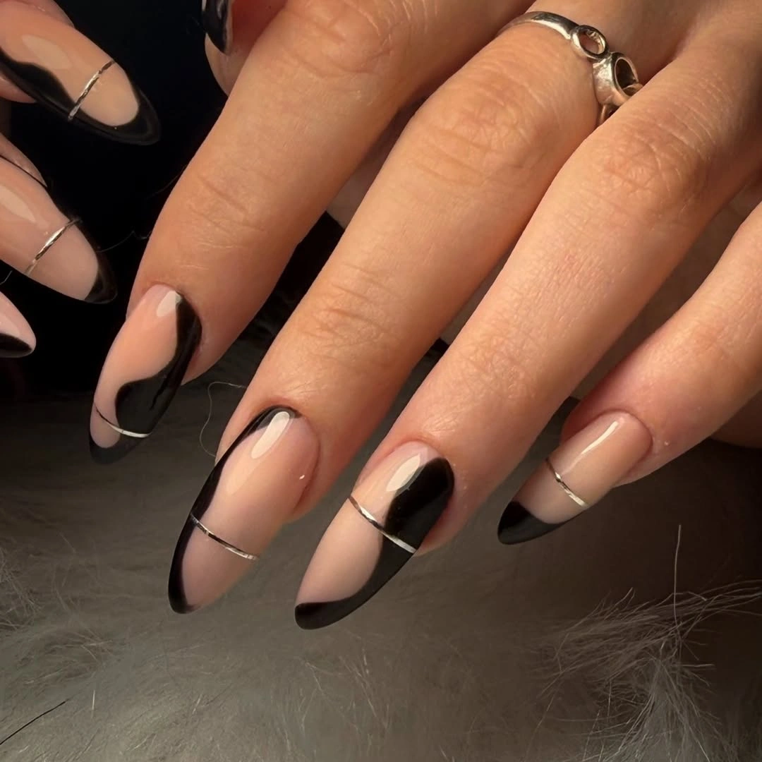 october nail colours 2026 Black Curves with Silver Lines