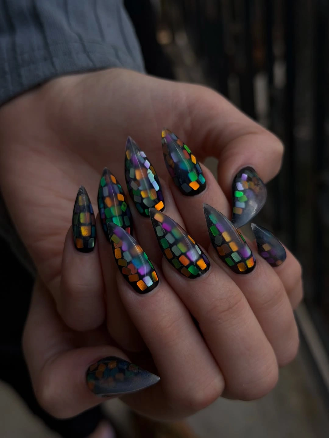 october nails design 2026 Dark Confetti Stiletto Nails