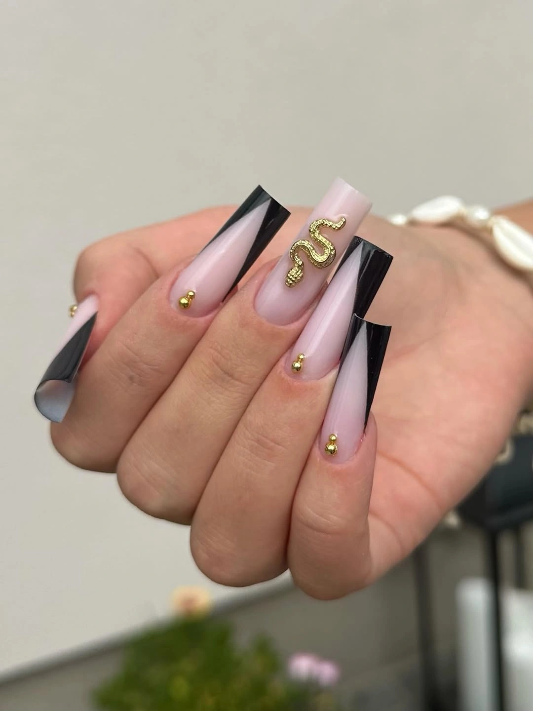 october nails design 2026 Black French Square Nails With Gold Snake