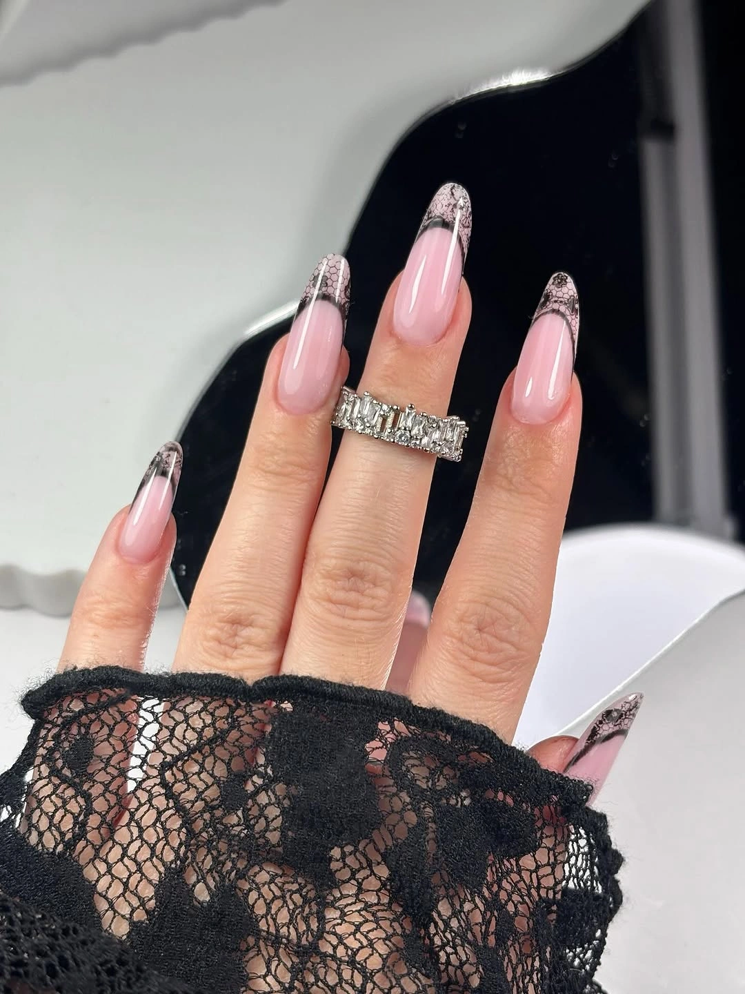 october nails design 2026 Black Lace French Almond Nails