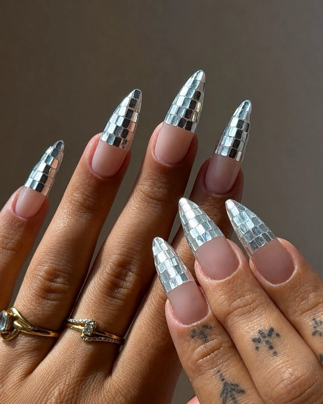 october nails design 2026 Silver Disco Almond Tips