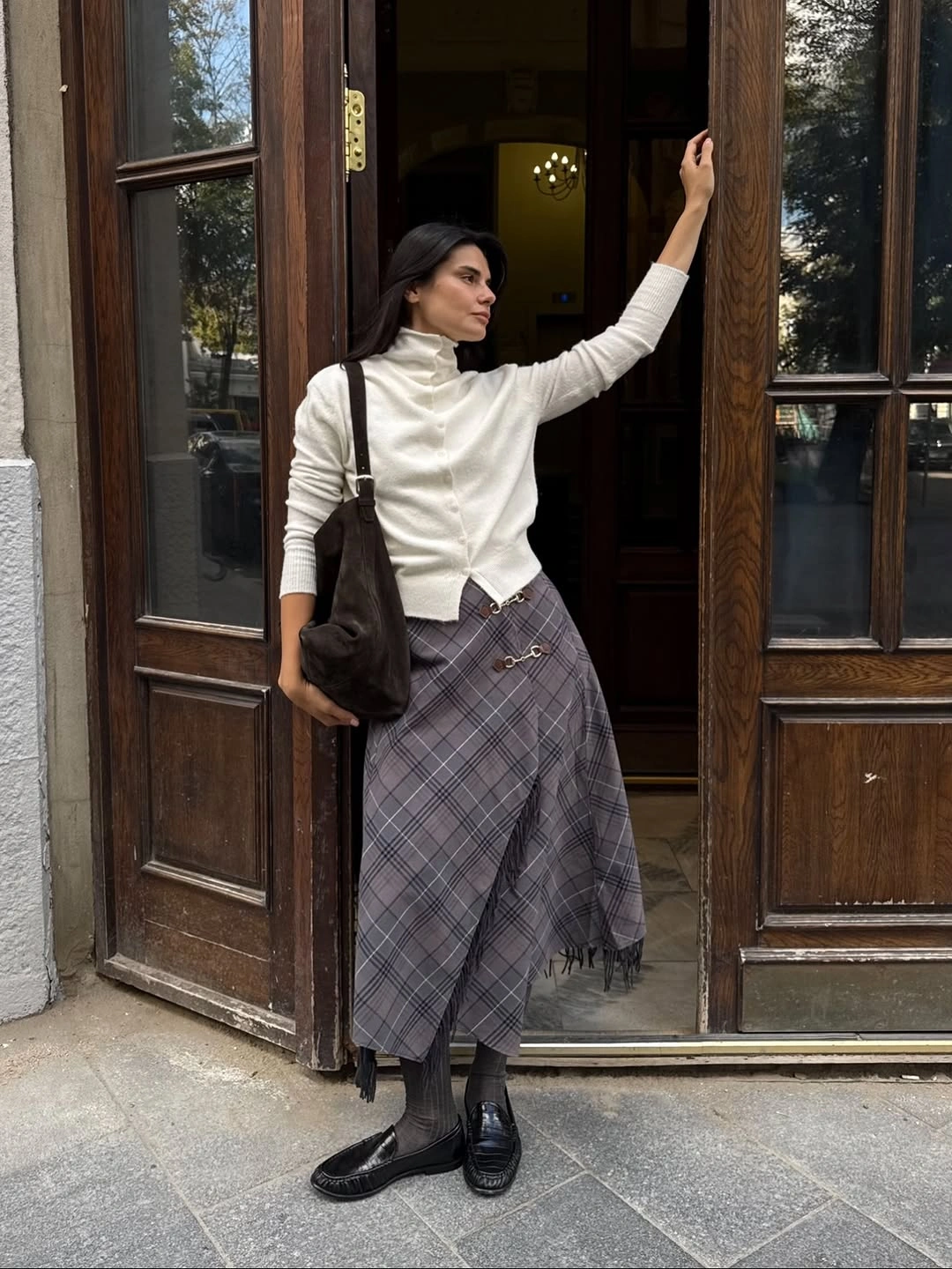 october outfits ideas 2026 Soft Knit With an Unexpected Plaid Skirt