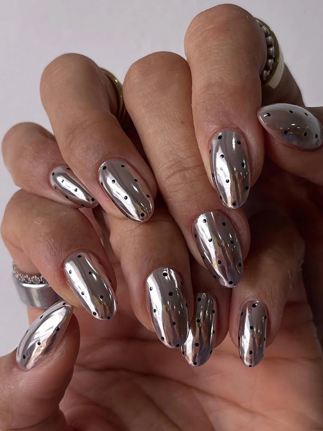 polka dot fall nails 2026 Silver Chrome With Tiny Black Dots