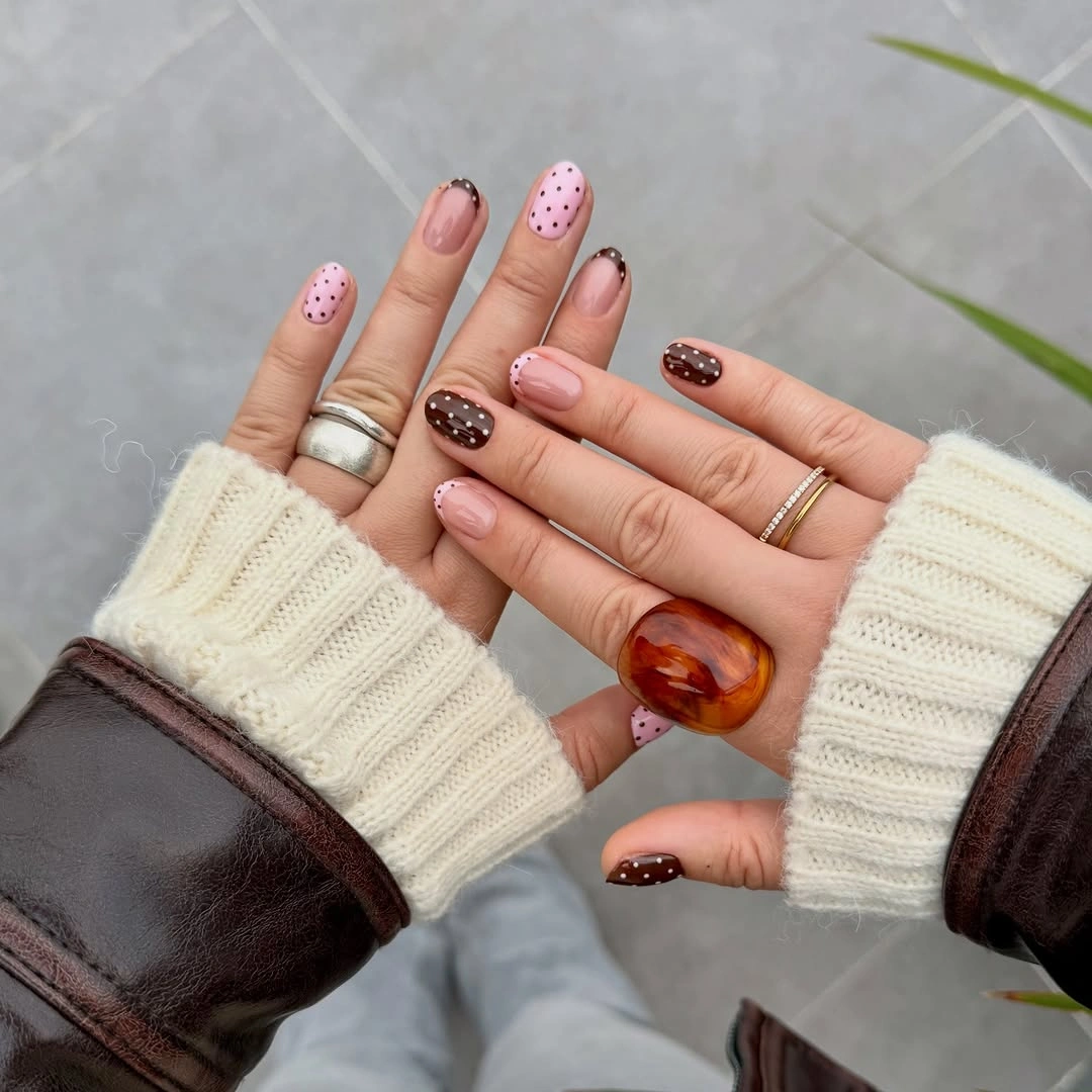 polka dot fall nails 2026 Chocolate Brown and Pink Dots