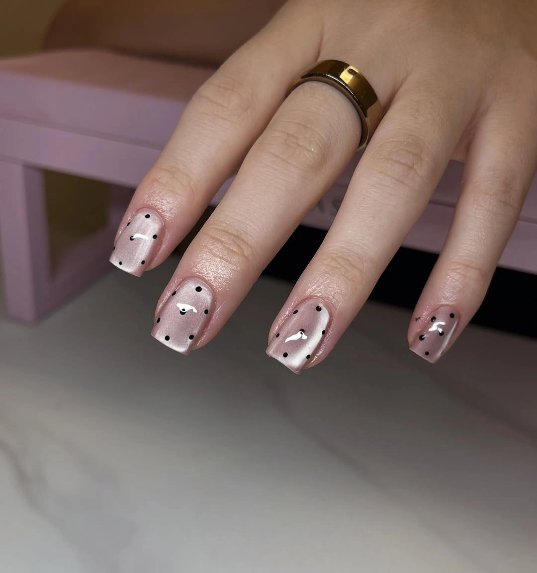 polka dot fall nails 2026 Pearly Pink Square Polka Dots
