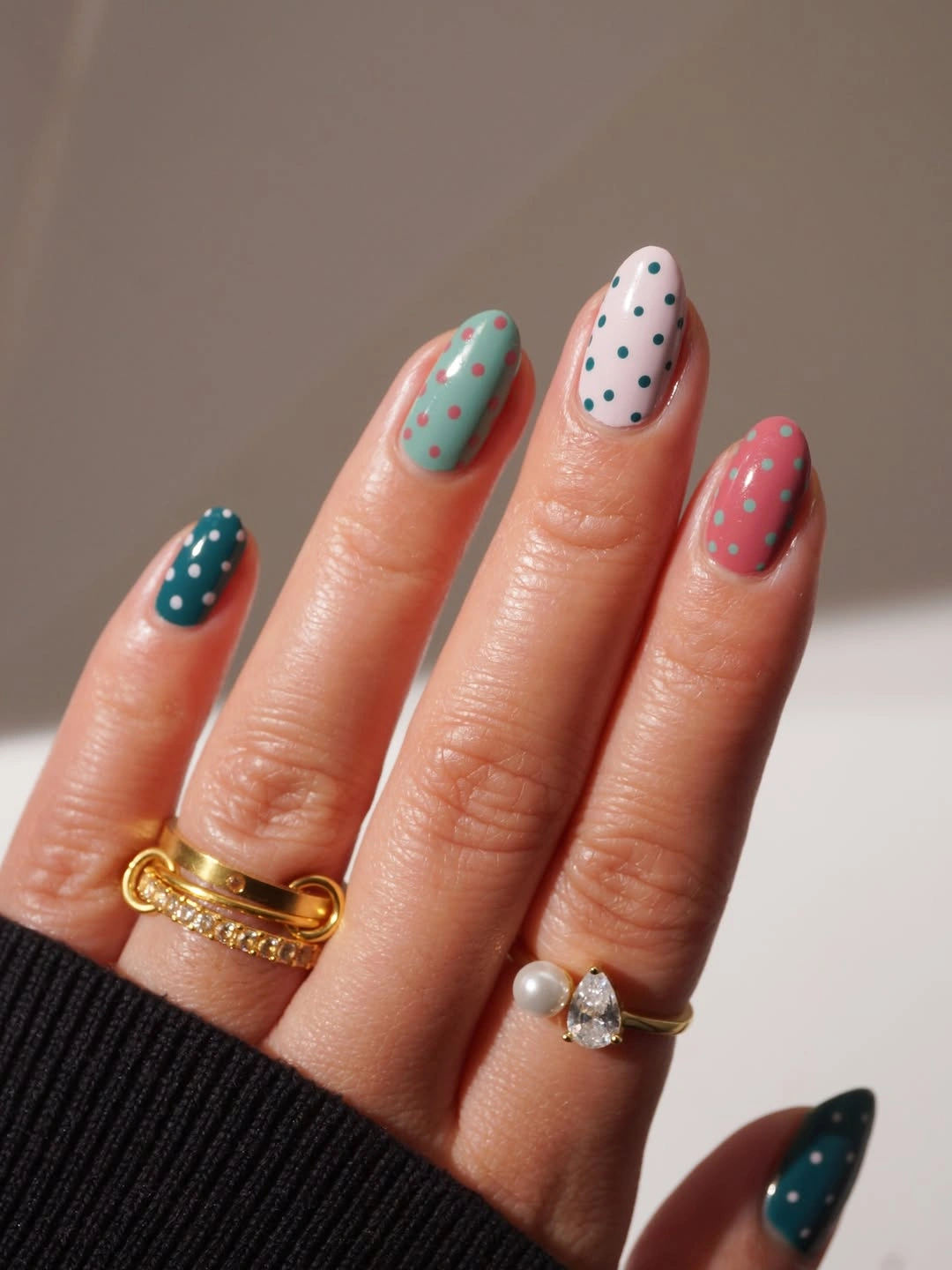 polka dot fall nails 2026 Teal Pink and Green Polka Dots