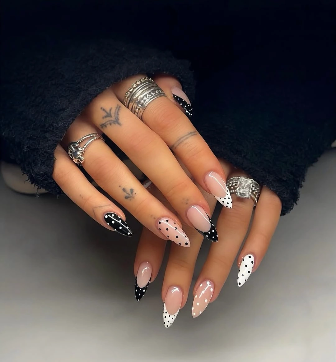 polka dot fall nails 2026 Black and White Polka Dot French