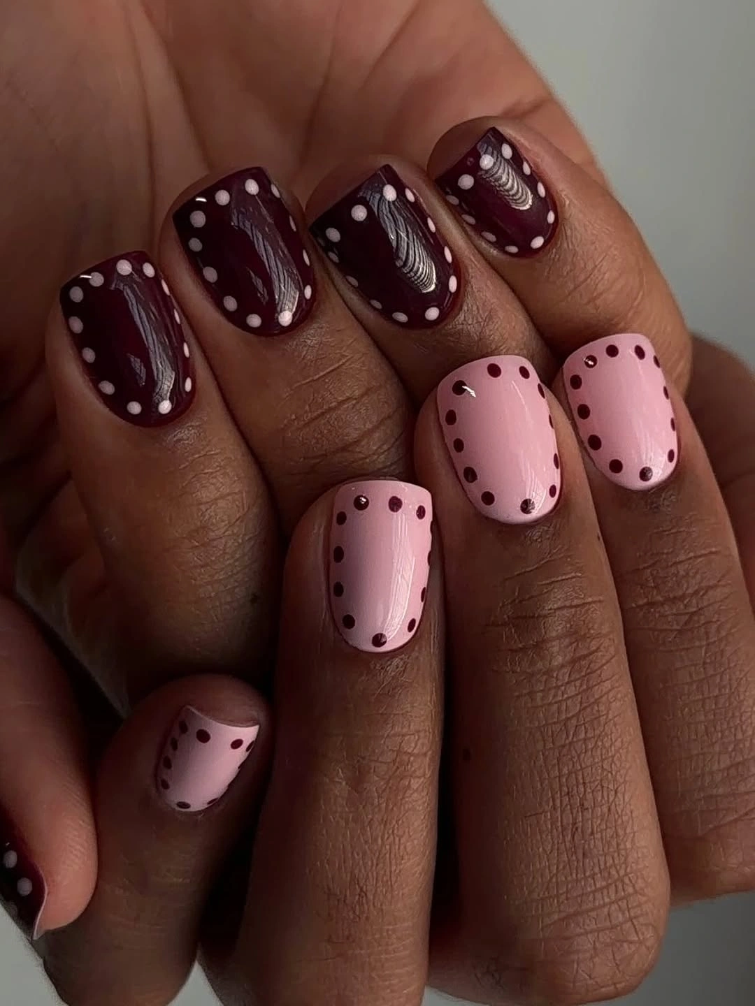 polka dot fall nails 2026 Burgundy and Pink Border Dots