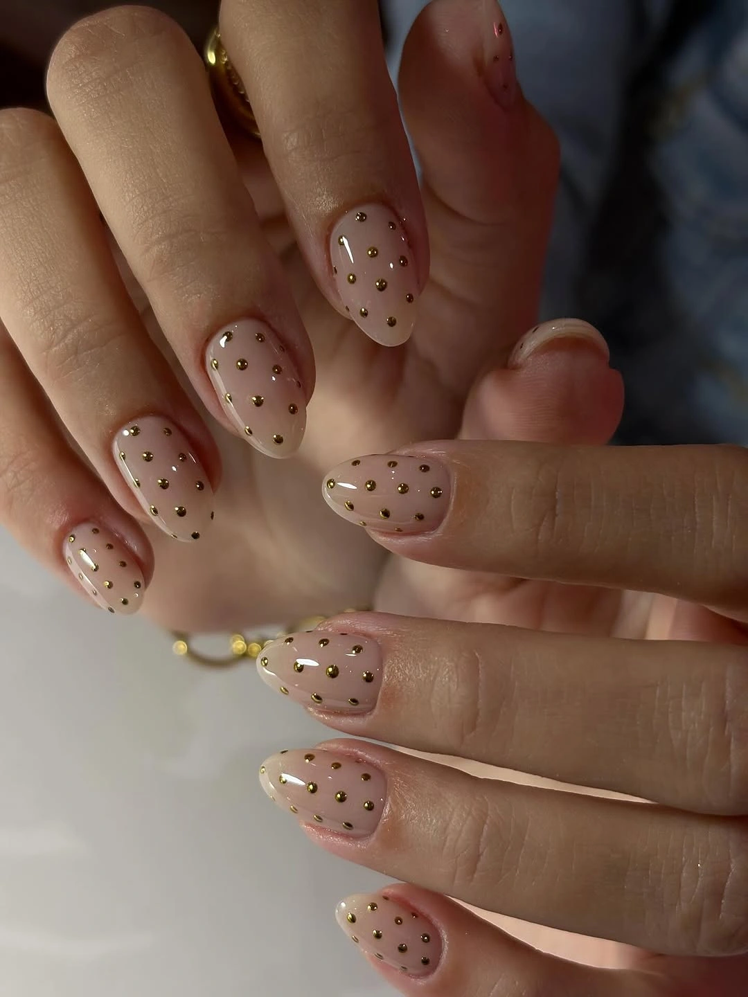 polka dot fall nails 2026 Golden Dots on Sheer Nude