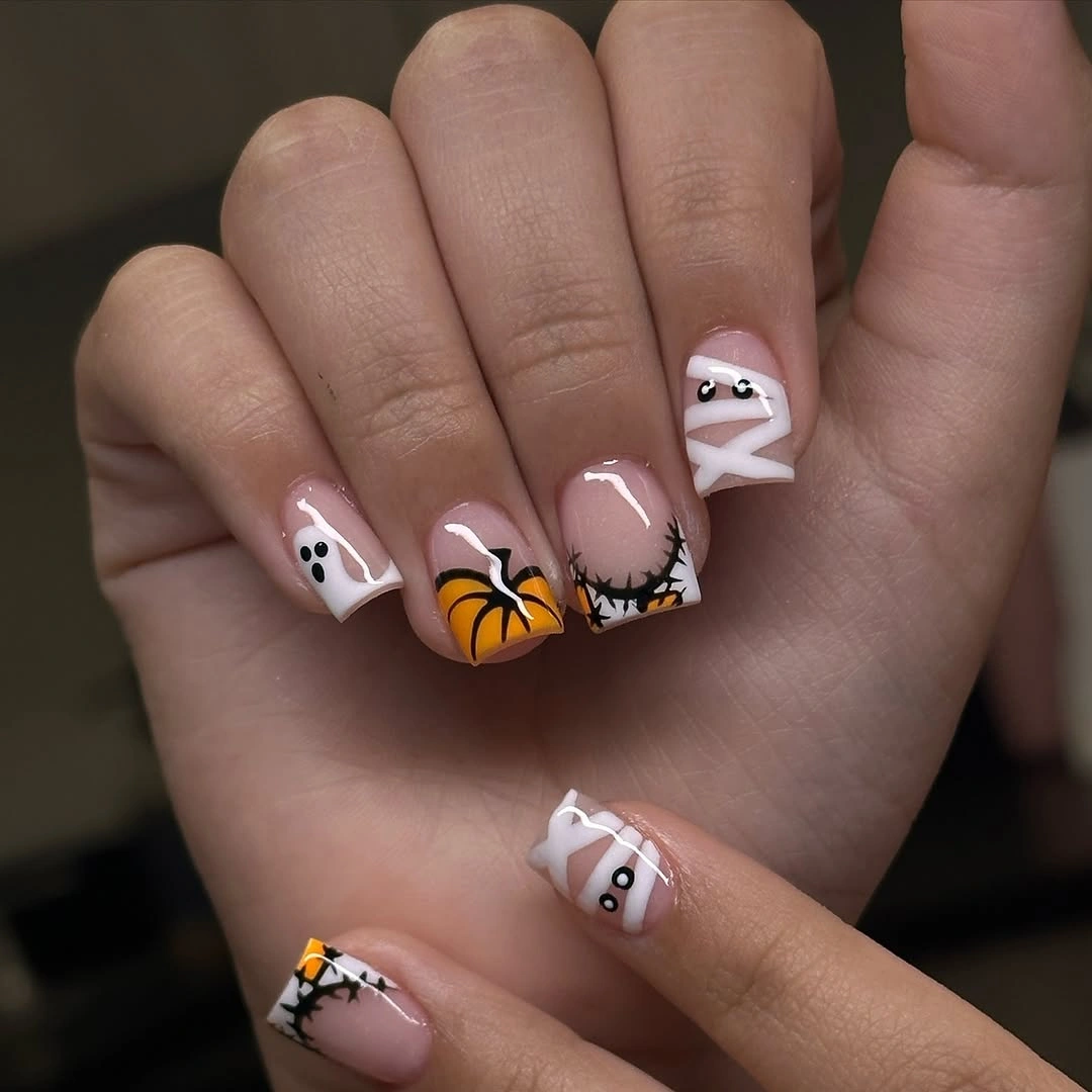 simple fall short nails cute Halloween square nail art