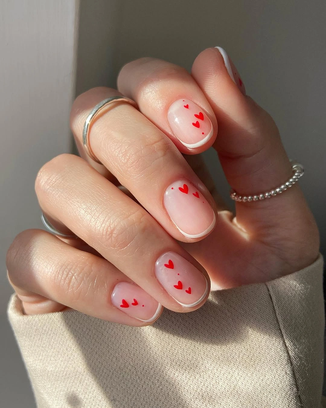 simple fall short nails sheer pink short manicure with red hearts