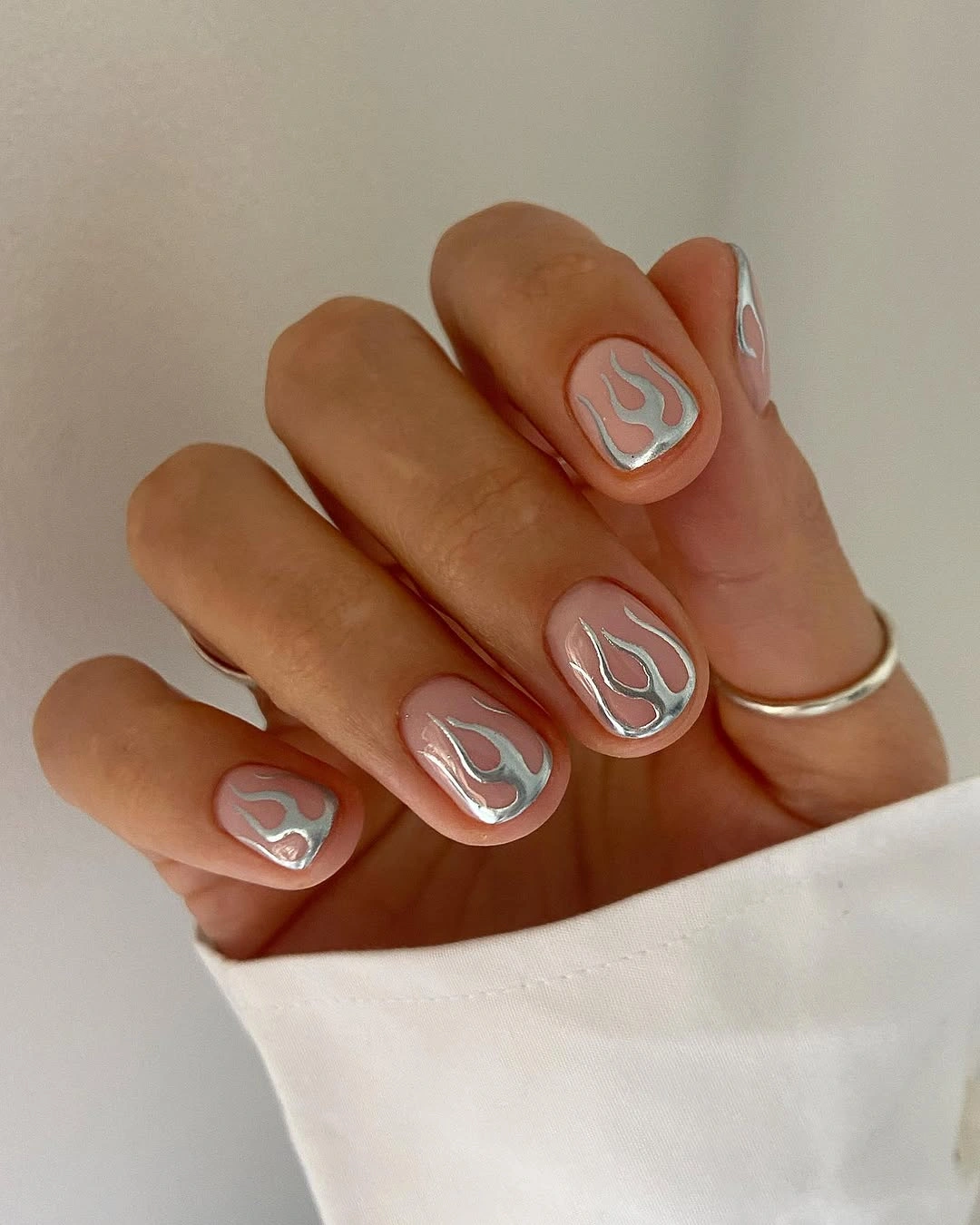 simple fall short nails Silver Flame Details On A Nude Base