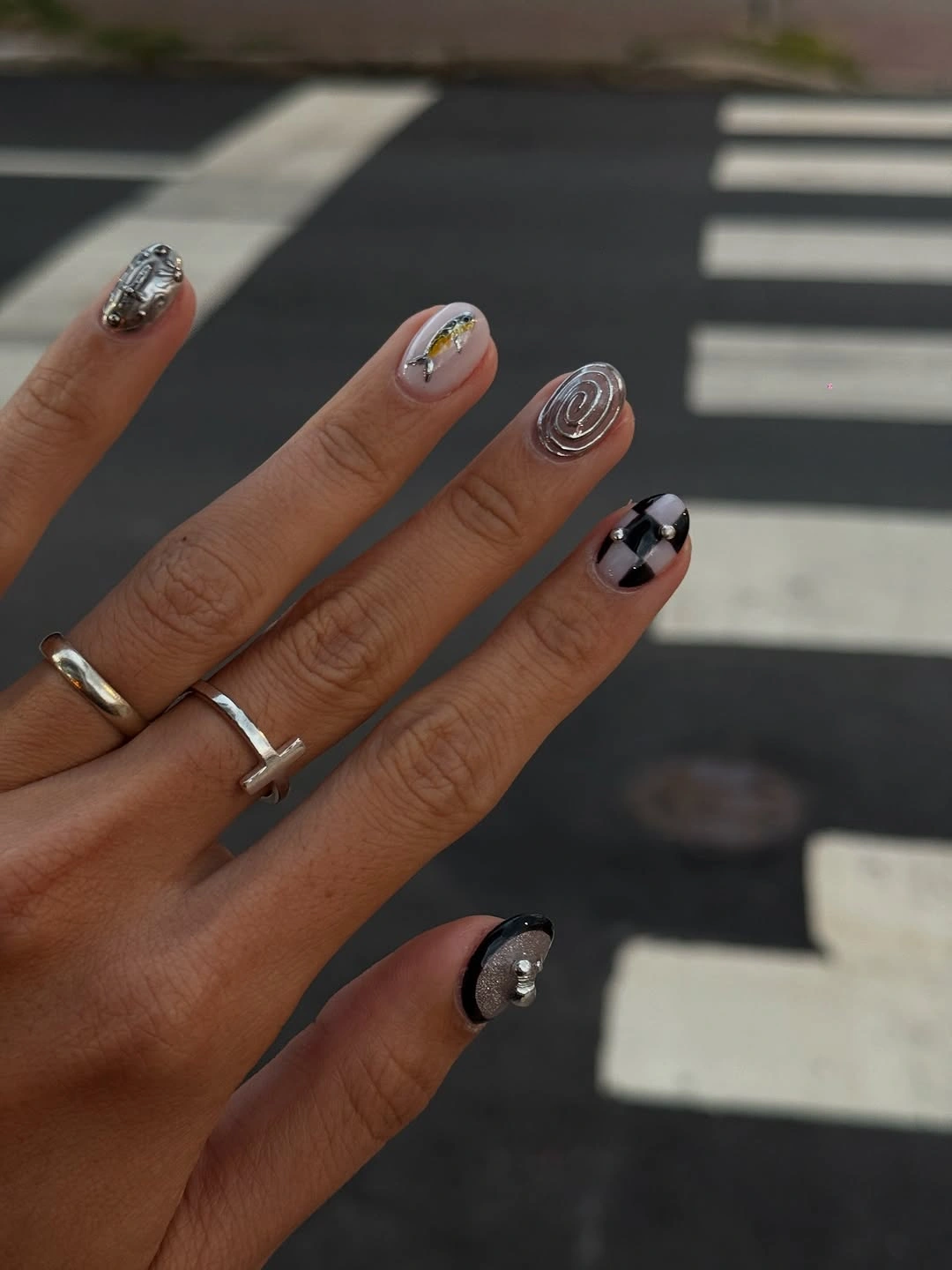 simple fall short nails Chrome Charms With Black And Silver Accents