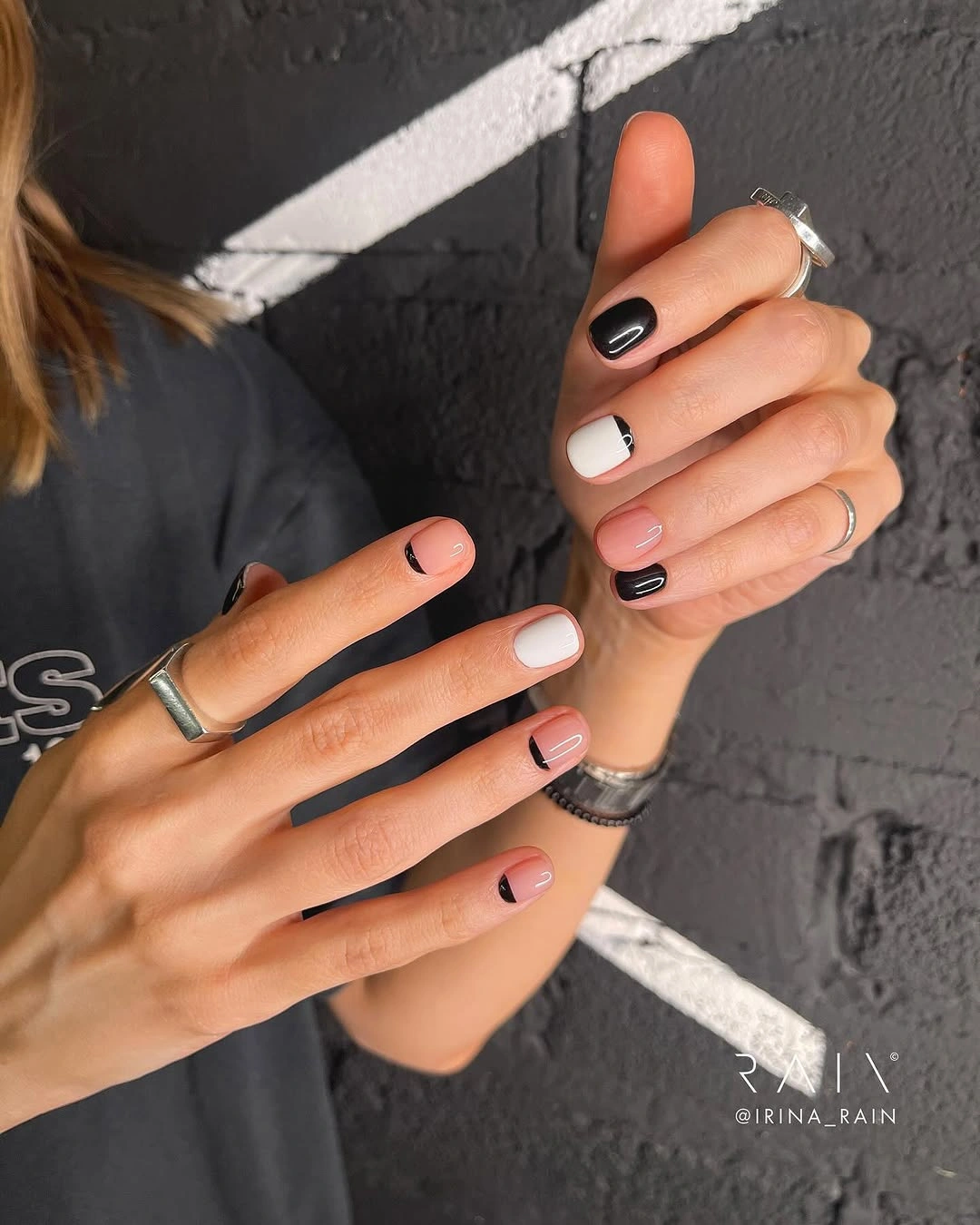 simple fall short nails Black White And Blush French Tips