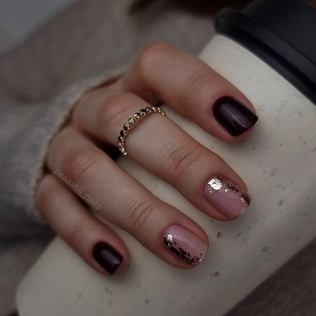 simple fall short nails Deep Plum With Rose Gold Foil
