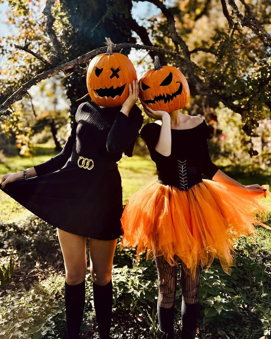 trendy halloween outfits 2026 Playful Pumpkin Duo