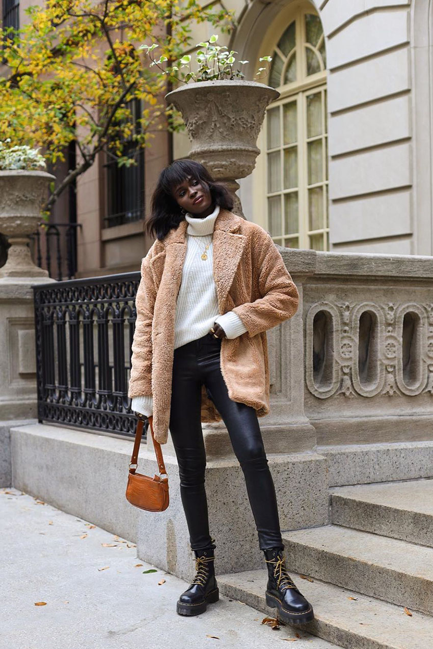 Cozy Winter Warmth: Black Lace-Up Boots with a Teddy Coat Cozy Winter Warmth: Black Lace-Up Boots with a Teddy Coat — Black Boots Outfits