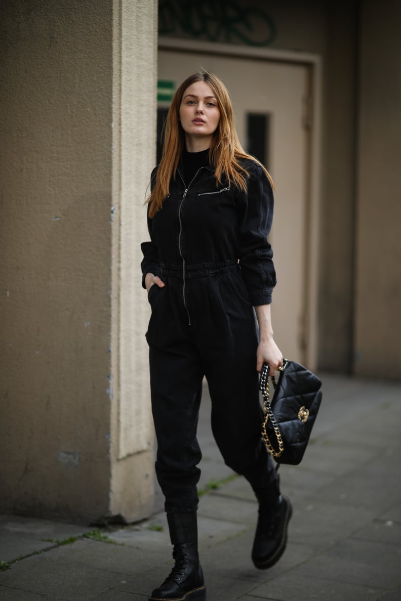Black Jumpsuit Black Turtleneck Outfit Idea Black Jumpsuit Black Turtleneck Outfit Idea — Combat Boots Outfits