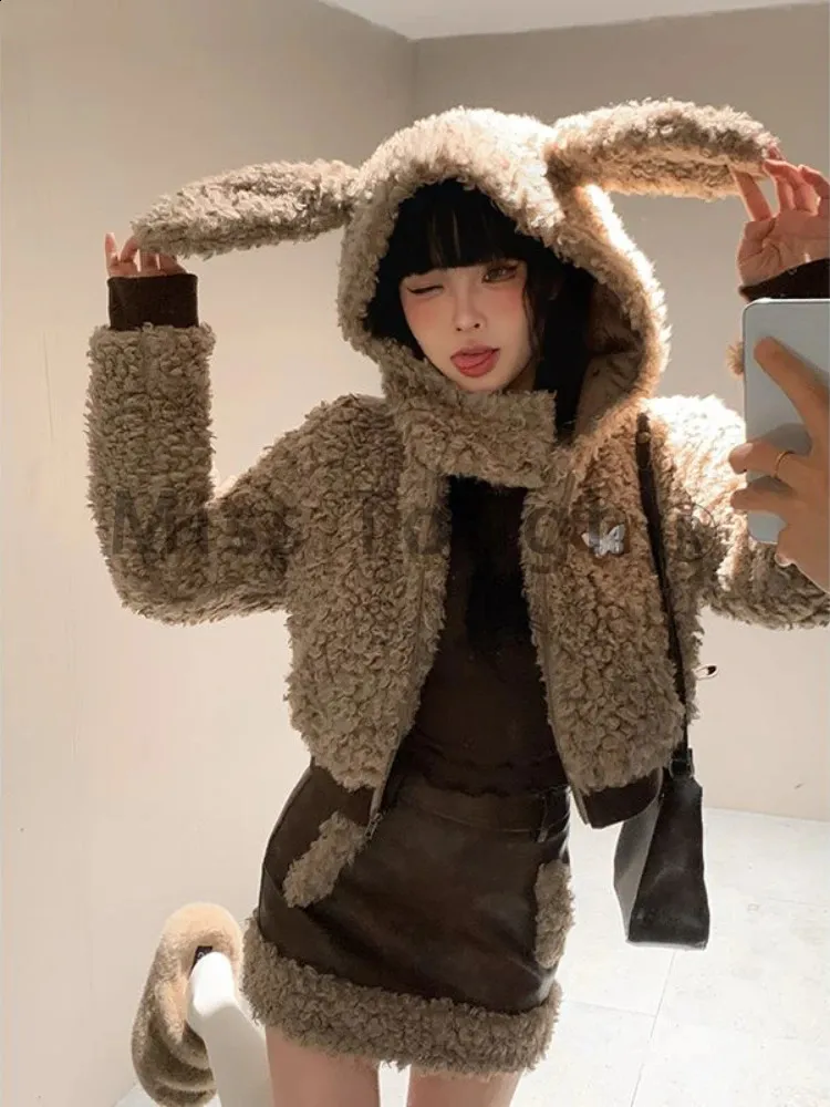 Pink Knit Turtleneck with Faux Fur Trim Coat — Y2K Winter Outfits