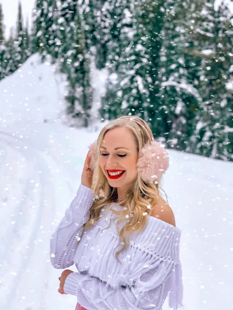 Cozy Off-the-Shoulder Knit Sweater with Playful Earmuffs — Winter Photoshoot Outfits