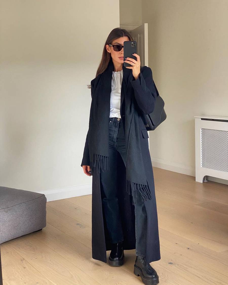 Monochromatic Black Ensemble with Long Wool Coat — Winter Capsule Wardrobe