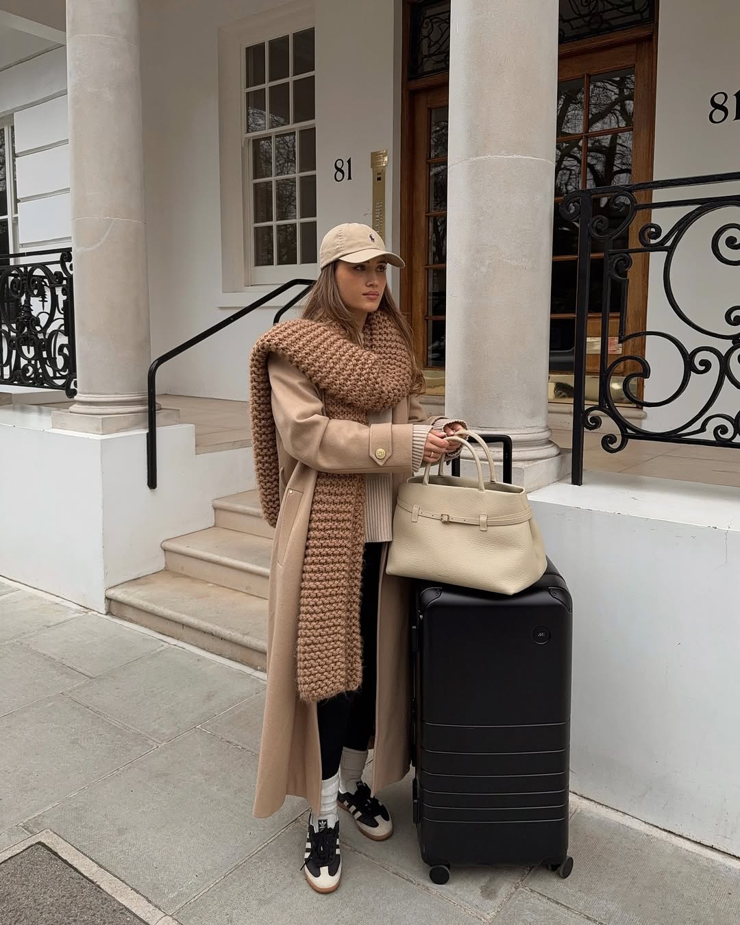 Chic Camel Coat and Knit Scarf for a Sophisticated Journey Chic Camel Coat and Knit Scarf for a Sophisticated Journey — Winter Airport Outfits