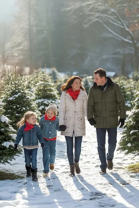 Casual Winter Outing with Puffer Coats and Red Scarves Casual Winter Outing with Puffer Coats and Red Scarves — Winter Family Photo Outfits