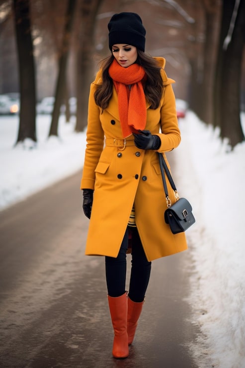 Bold Yellow Wool Coat with Vibrant Orange Accents — Colorful Winter Outfits
