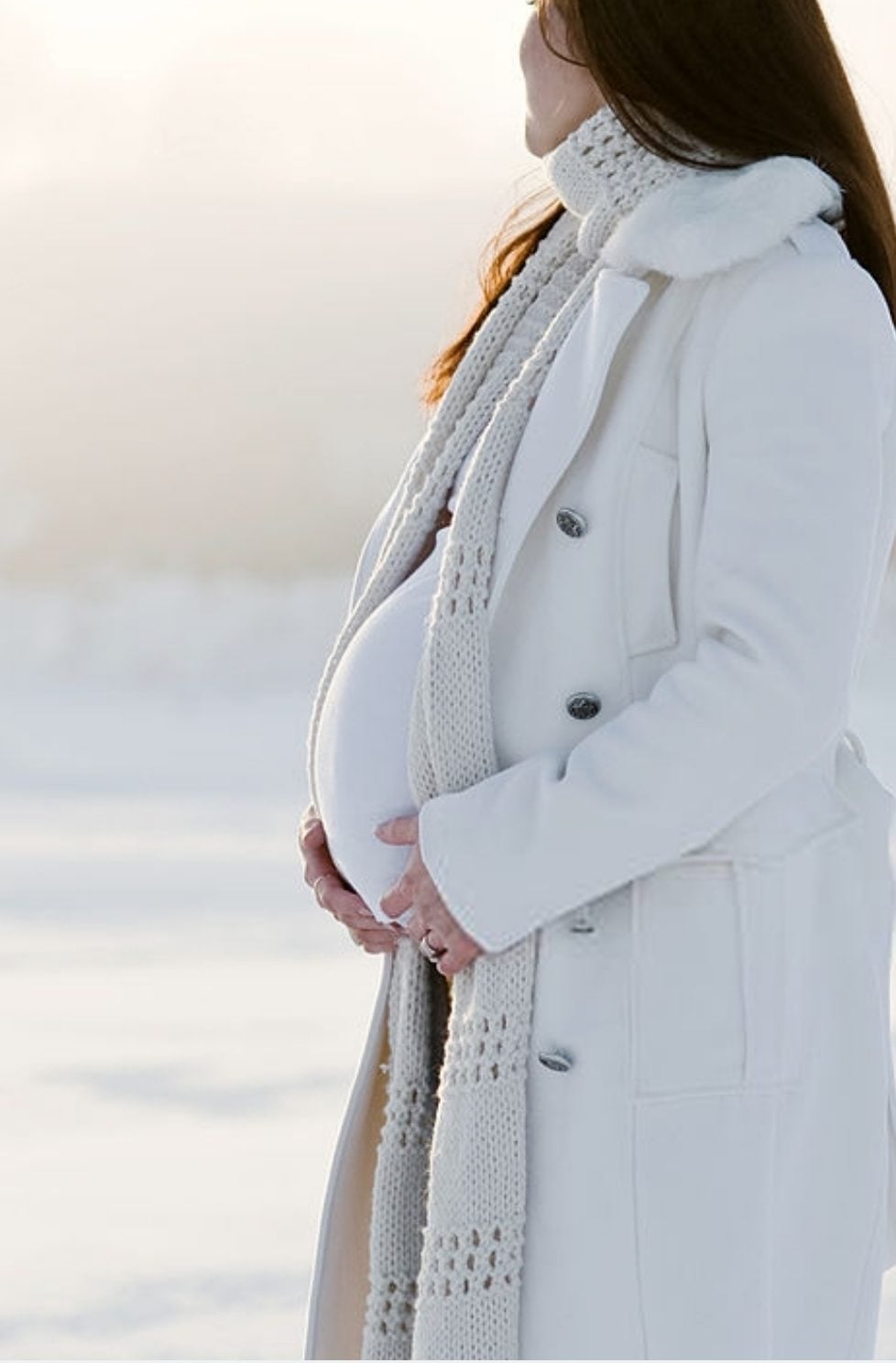 Chic White Wool Coat and Cream Knit Maternity Ensemble — Winter Maternity Outfits