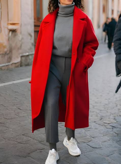 Bold Red Wool Coat as a Statement Piece Over Grey Neutrals — Italy Winter Outfits