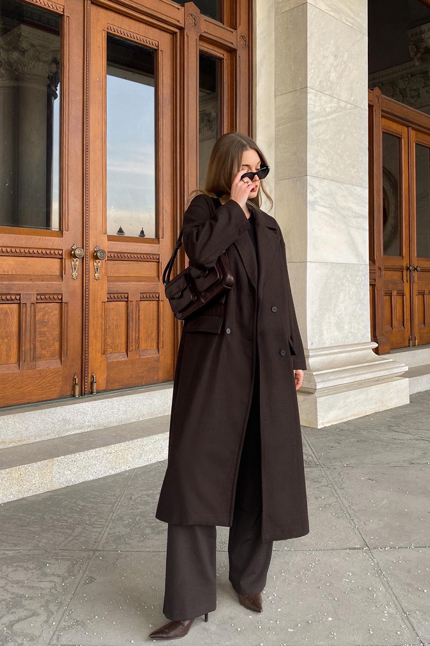Chic Monochromatic Dark Brown Wool Coat Ensemble Chic Monochromatic Dark Brown Wool Coat Ensemble — Wool Coat Outfits