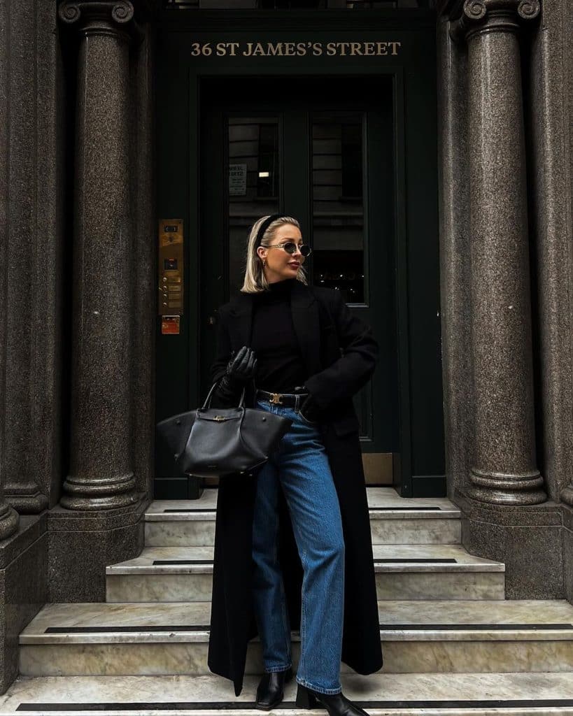 Urban Chic: Long Wool Coat with Turtleneck and Jeans Urban Chic: Long Wool Coat with Turtleneck and Jeans — Winter Travel Outfits