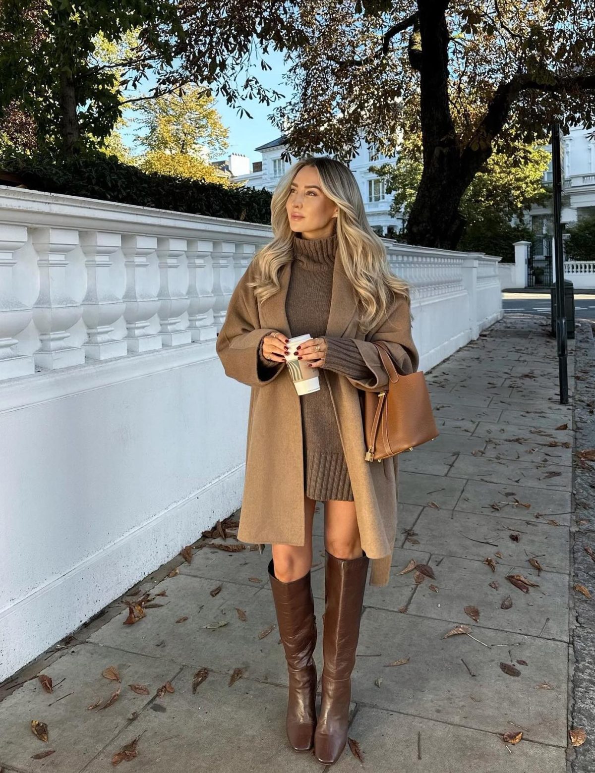 Knit Dress and Camel Coat with Knee-High Boots Knit Dress and Camel Coat with Knee-High Boots — Brown Boots Outfits