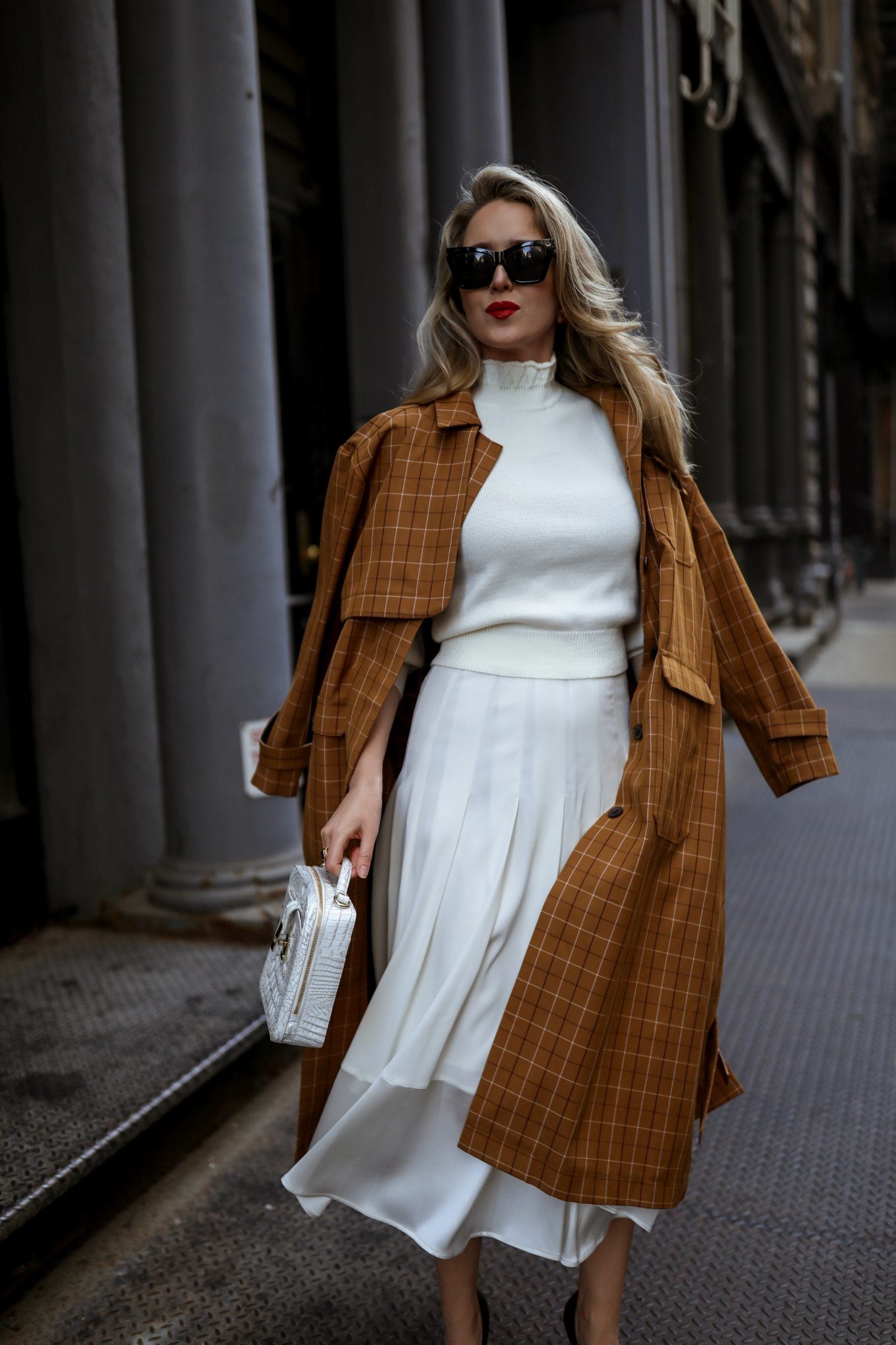 Plaid Trench Coat Over Mock Neck Sweater and Satin Midi Skirt — Winter to Spring Transition Outfits