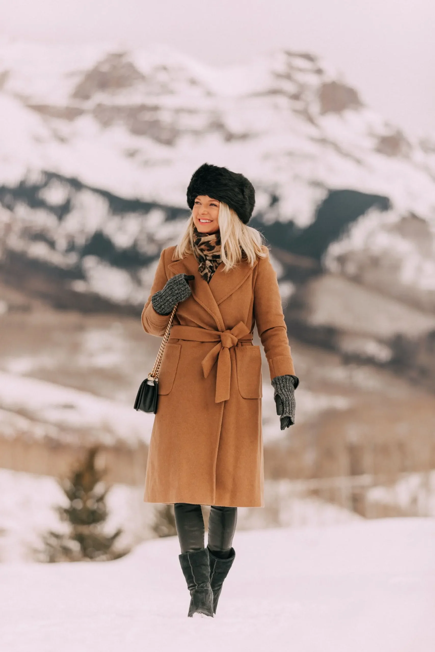 Chic Camel Coat with Leopard Print and Leather — Warm Winter Outfits