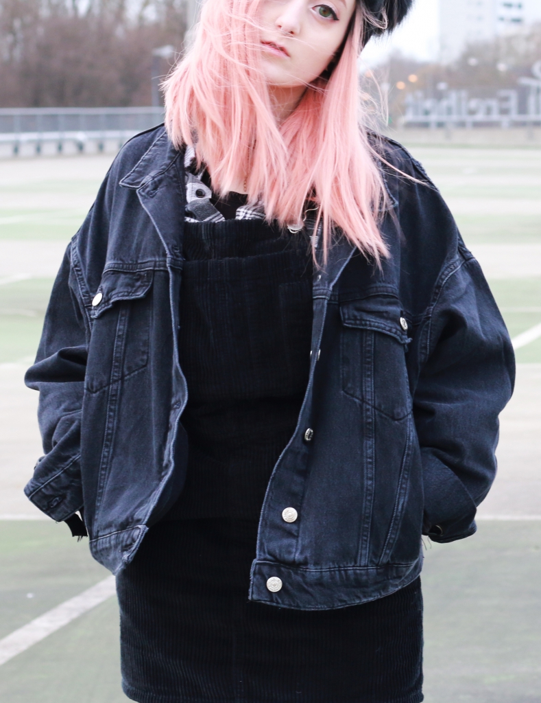 All-Black Grunge: Denim Jacket Over Dress and Tee — Grunge Winter Outfits