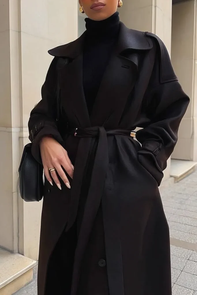 Belted Trench Coat for a Cinched Waist Silhouette — All Black Winter Outfits