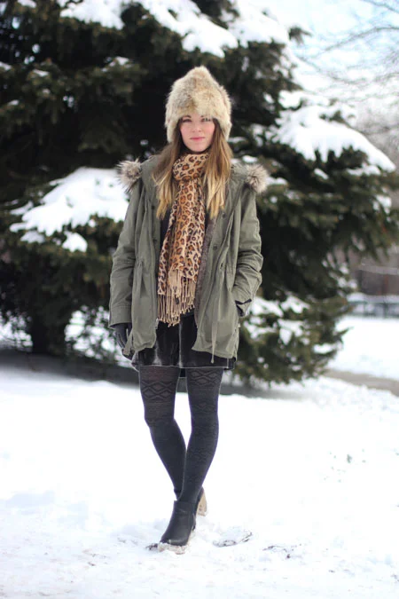 Parka Power: Fur-Trimmed Olive Jacket with Patterned Accents — Chicago Winter Outfits