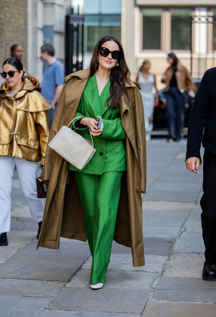 Bright Green Silk Suit with Brown Trench Coat Bright Green Silk Suit with Brown Trench Coat — Winter Wedding Guest Outfits