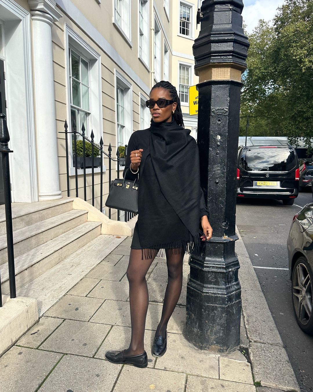 Turtleneck Dress with Tights for a Sleek A-Line Silhouette — All Black Winter Outfits