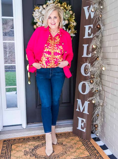 Hot Pink Blazer Over a Gold and Red Patterned Blouse — Colorful Winter Outfits