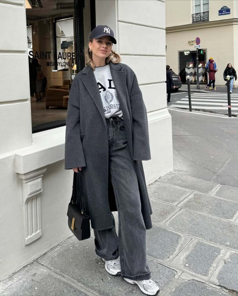 Oversized Grey Coat Over Graphic Tee and Jeans — NYC Winter Outfits