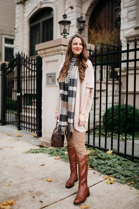 Smart Casual Layering: Cardigan, Plaid Scarf, and Tall Boots — Chicago Winter Outfits