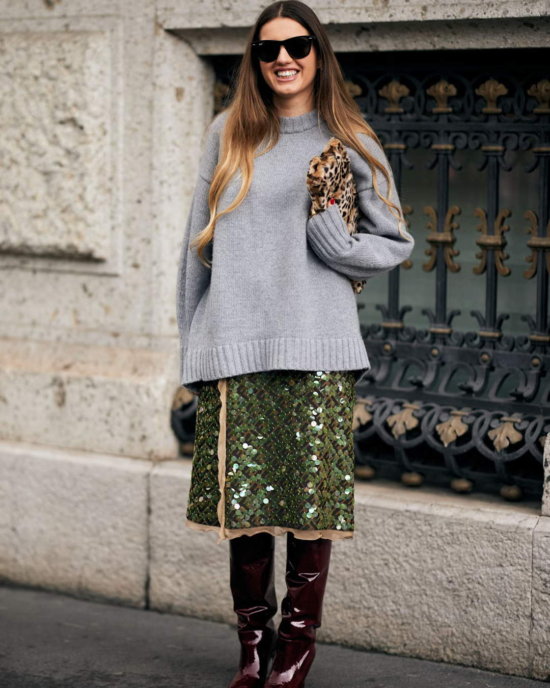 Grey Oversized Sweater with Sequin Midi Skirt — Oversized Sweater Outfits