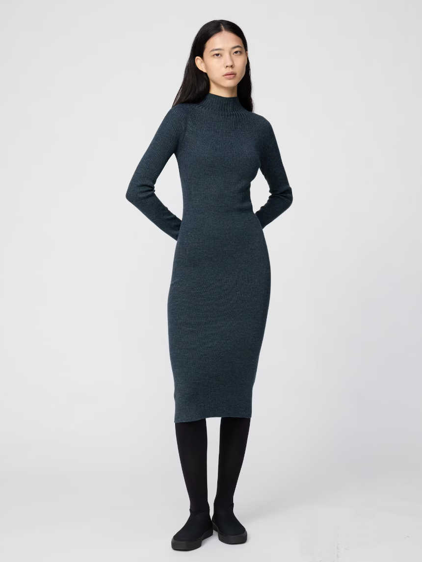 Dark Teal Ribbed Knit Mock Neck Dress — Winter Dress Outfits