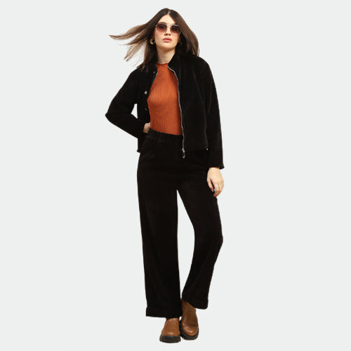 Black Corduroy Suit with Orange Knit Top Black Corduroy Suit with Orange Knit Top — Minimalist Winter Outfits