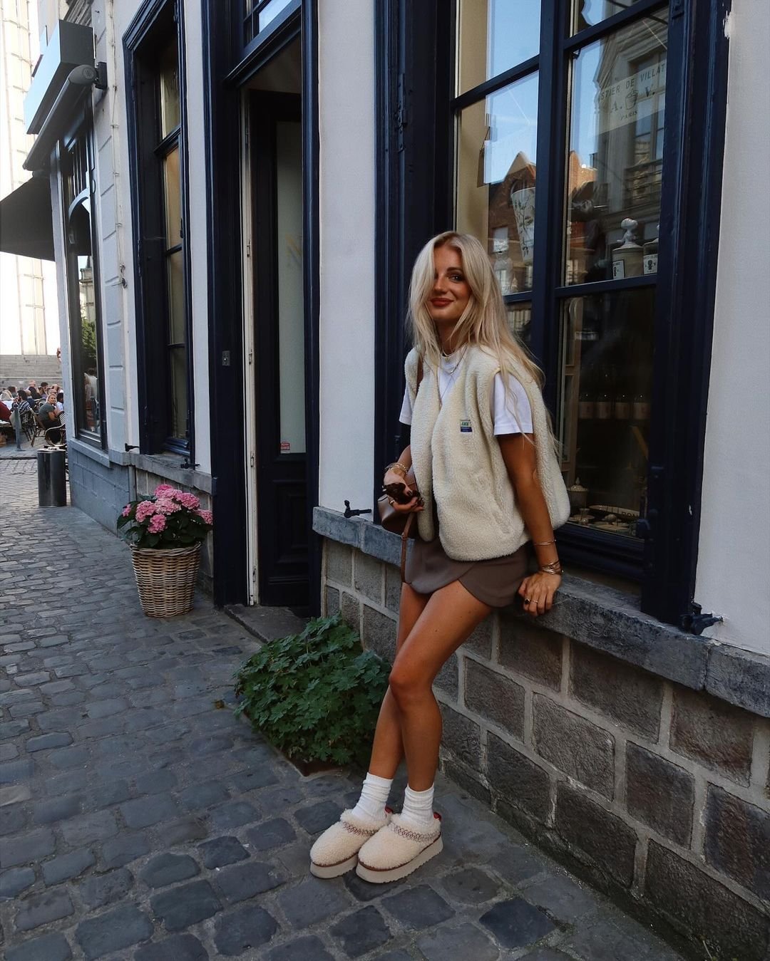 Fleece Vest and Mini Skirt with Cream Ugg Platform Slippers — Ugg Slippers Outfits