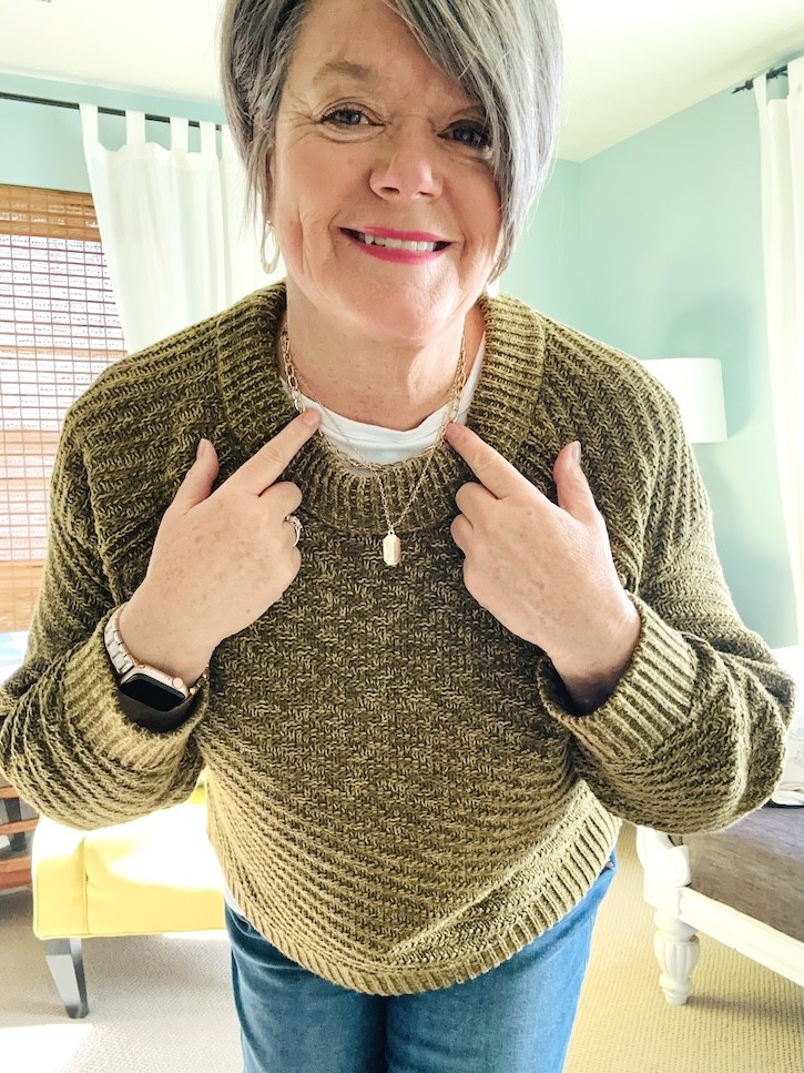 Chunky Knit Olive Sweater with T-shirt Base for Cozy Texture — Winter Outfits for Women Over 50