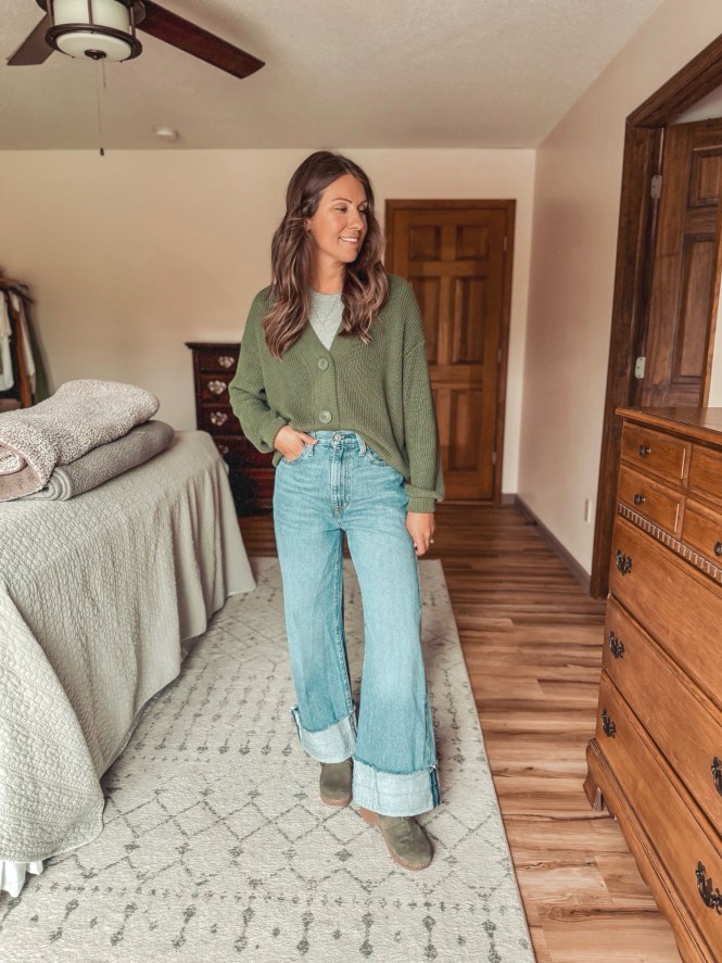 Wide-Leg Jeans with Olive Cardigan and Ankle Boots — Winter Outfits with Jeans